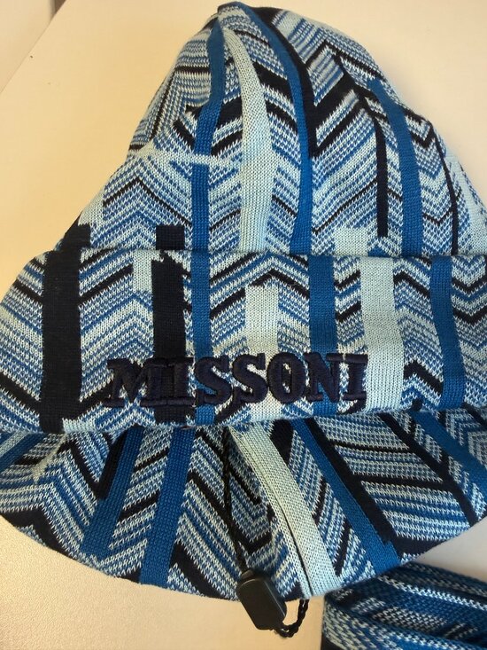 Missoni Hat & Scarf Set NWT 100% Cotton Blue Chevron Zigzag Made in Italy main image 5